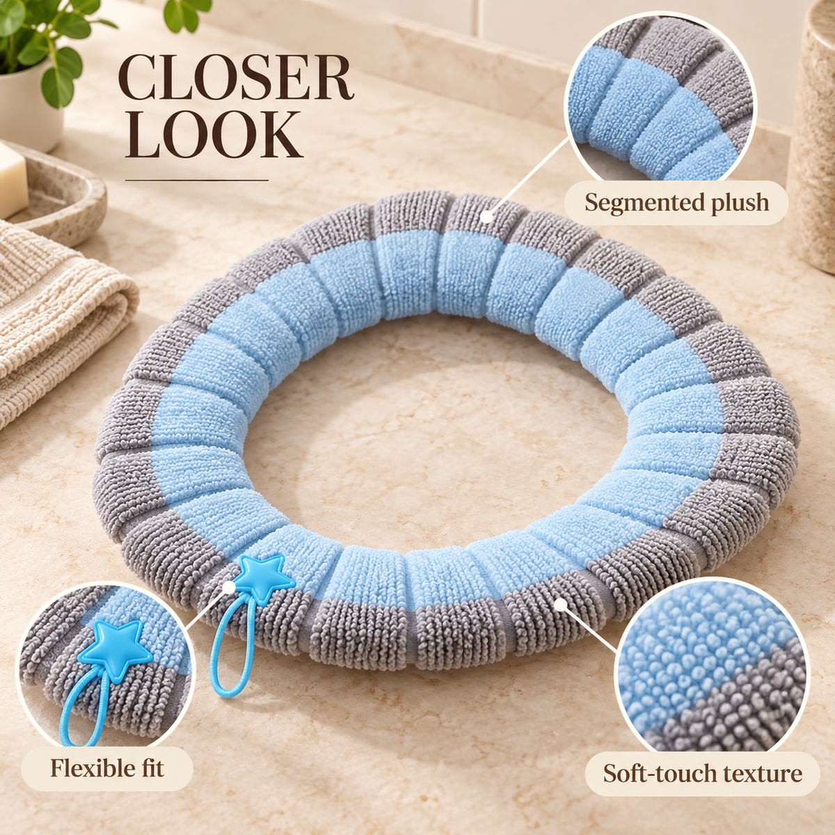 🚽Soft Plush Toilet Seat Cover, Segmented Fabric, Warm & Comfortable